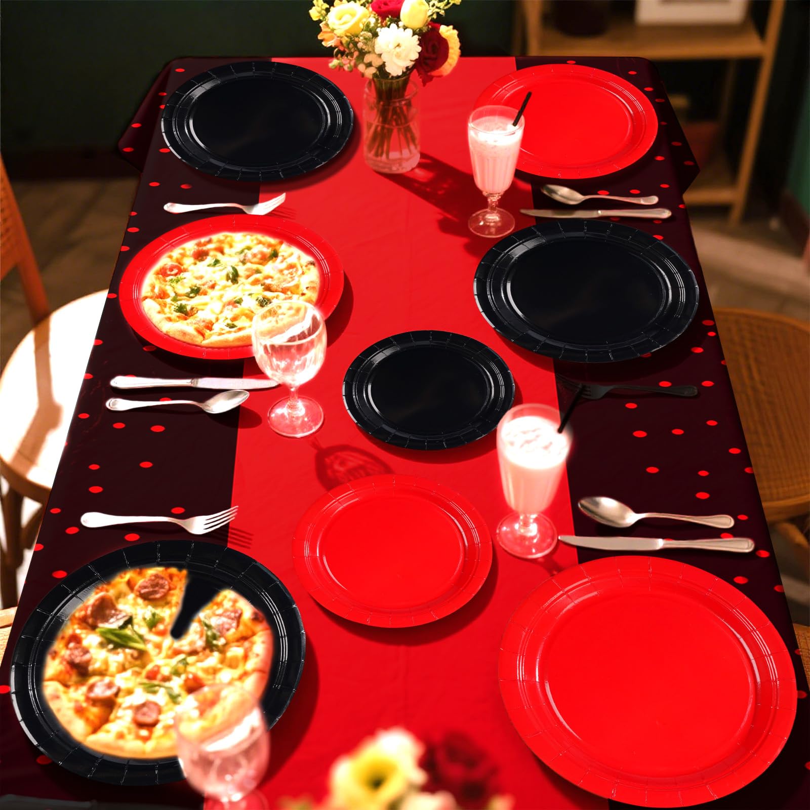 98 Pcs Red Black Party Plates Napkins Tablecloths - Grencian