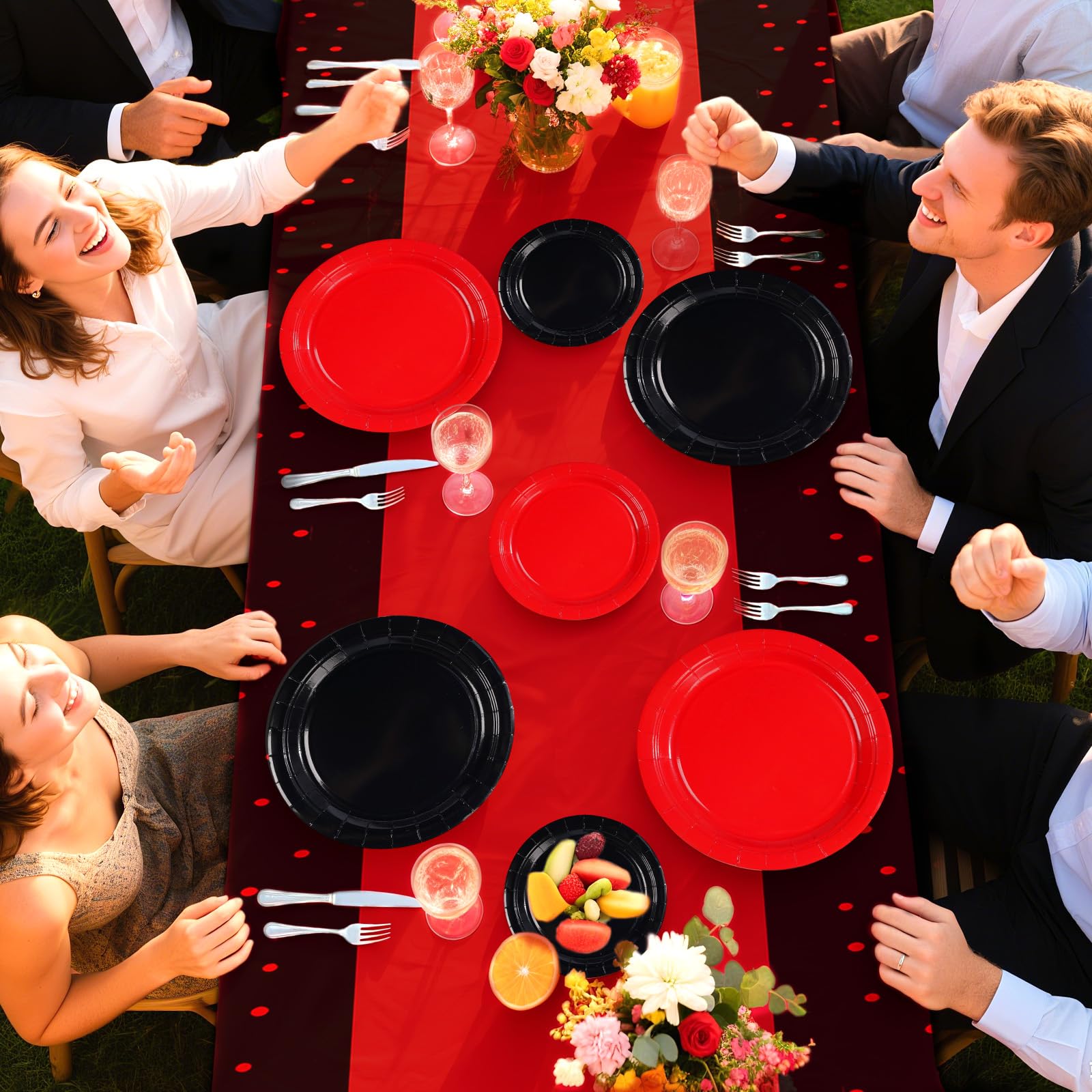 98 Pcs Red Black Party Plates Napkins Tablecloths - Grencian