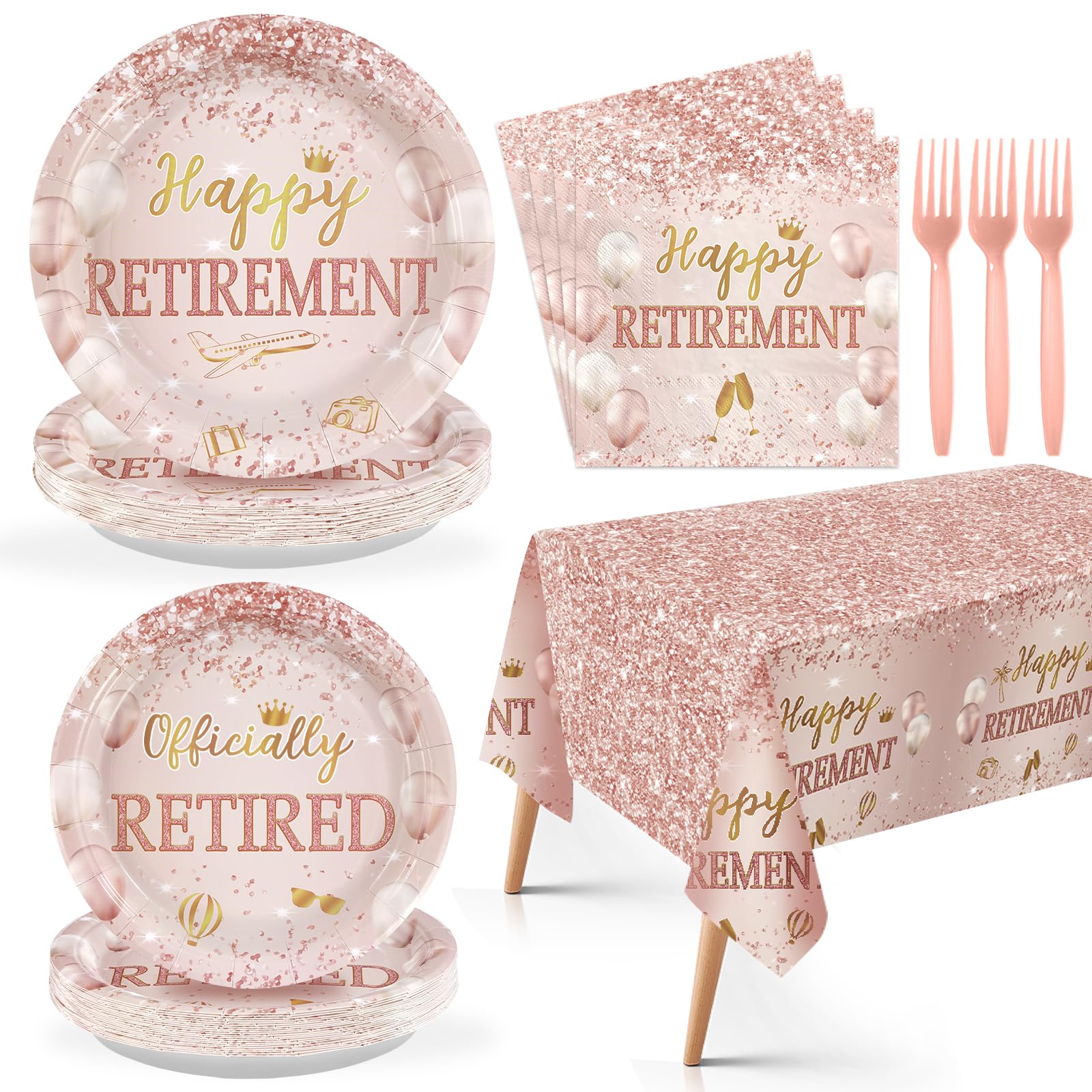 98 Pcs Rose Gold Retirement Party Plates Napkins Tablecloths - Grencian
