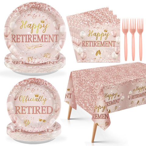 98 Pcs Rose Gold Retirement Party Plates Napkins Tablecloths - Grencian