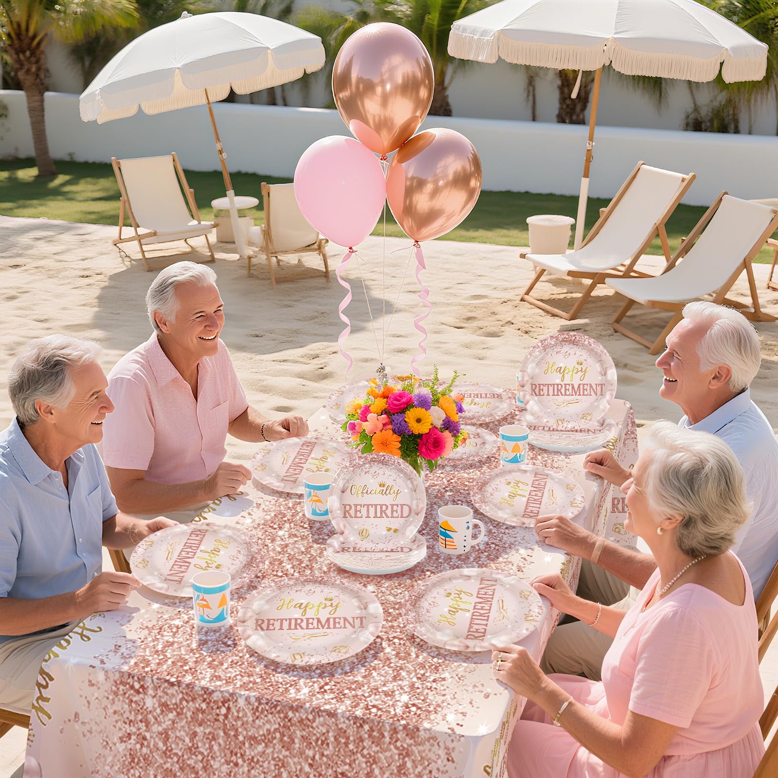 98 Pcs Rose Gold Retirement Party Plates Napkins Tablecloths - Grencian