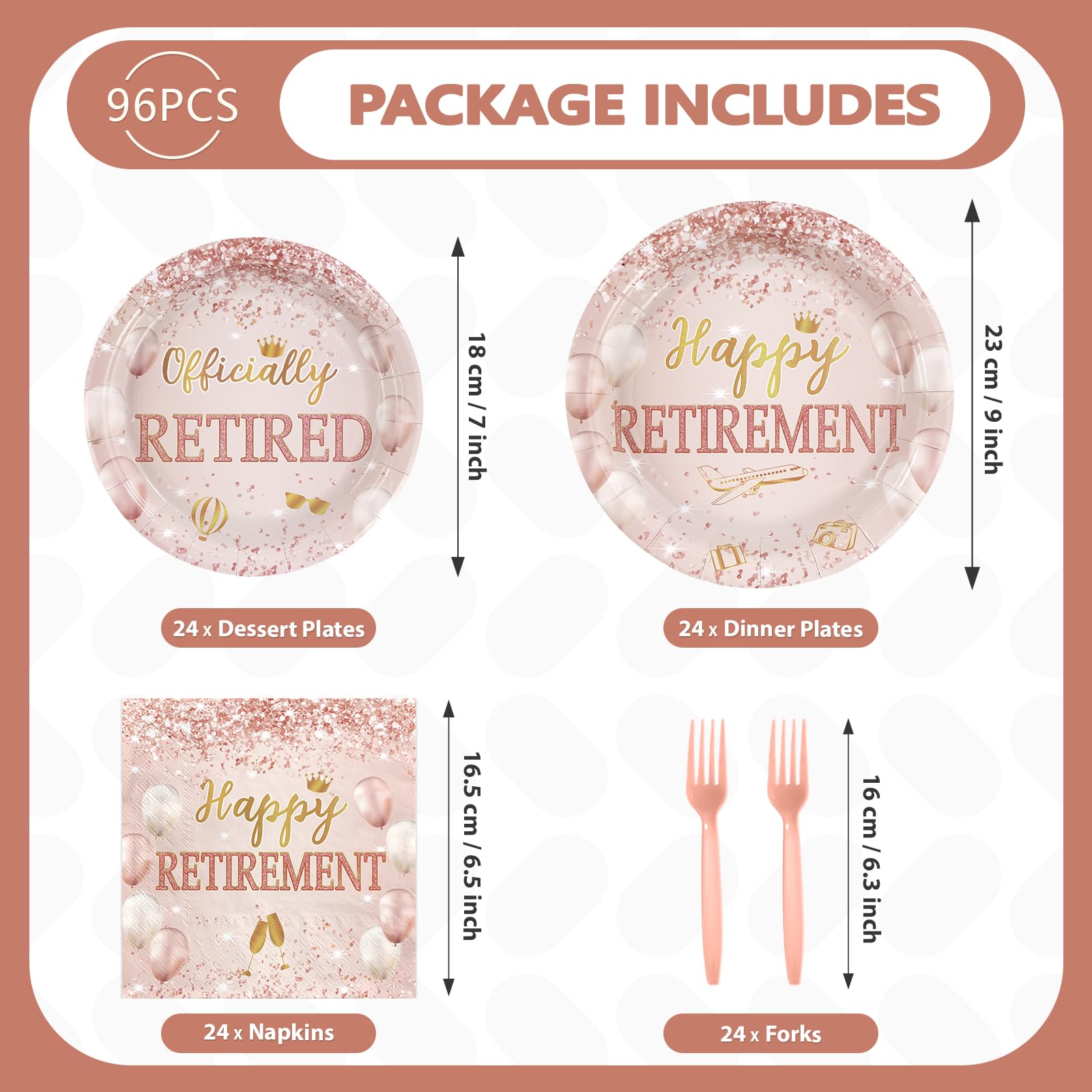 98 Pcs Rose Gold Retirement Party Plates Napkins Tablecloths - Grencian