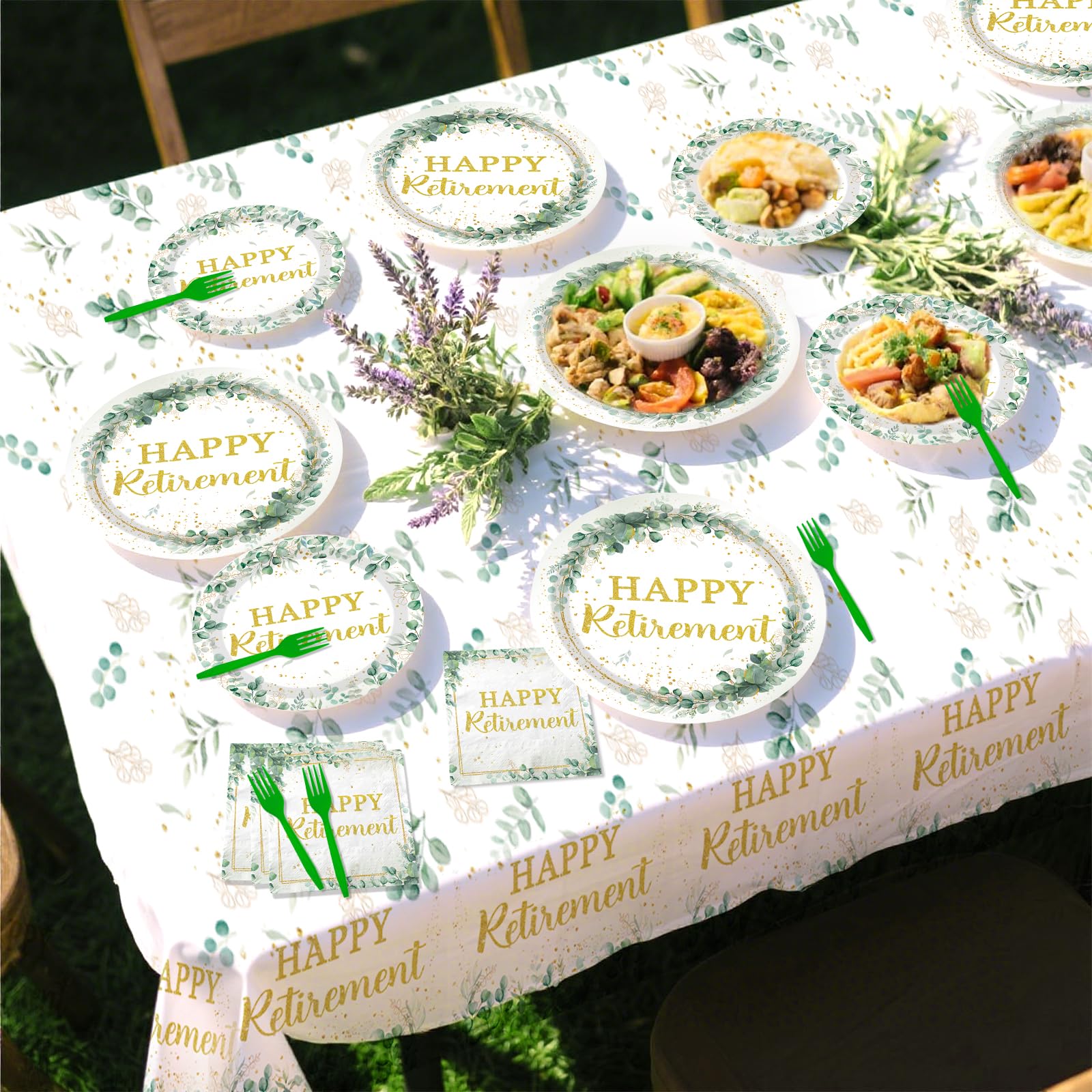 98 Pcs Sage Green Retirement Party Plates Napkins Tablecloths - Grencian