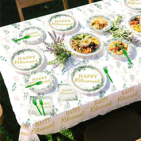 98 Pcs Sage Green Retirement Party Plates Napkins Tablecloths - Grencian