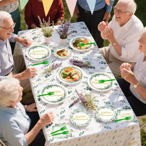 98 Pcs Sage Green Retirement Party Plates Napkins Tablecloths - Grencian