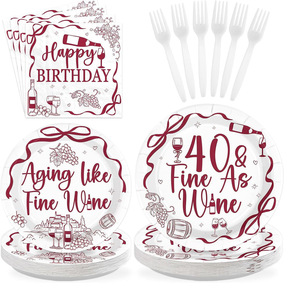 96 Pcs Red Wine 40th Birthday Party Plates and Napkins - Grencian