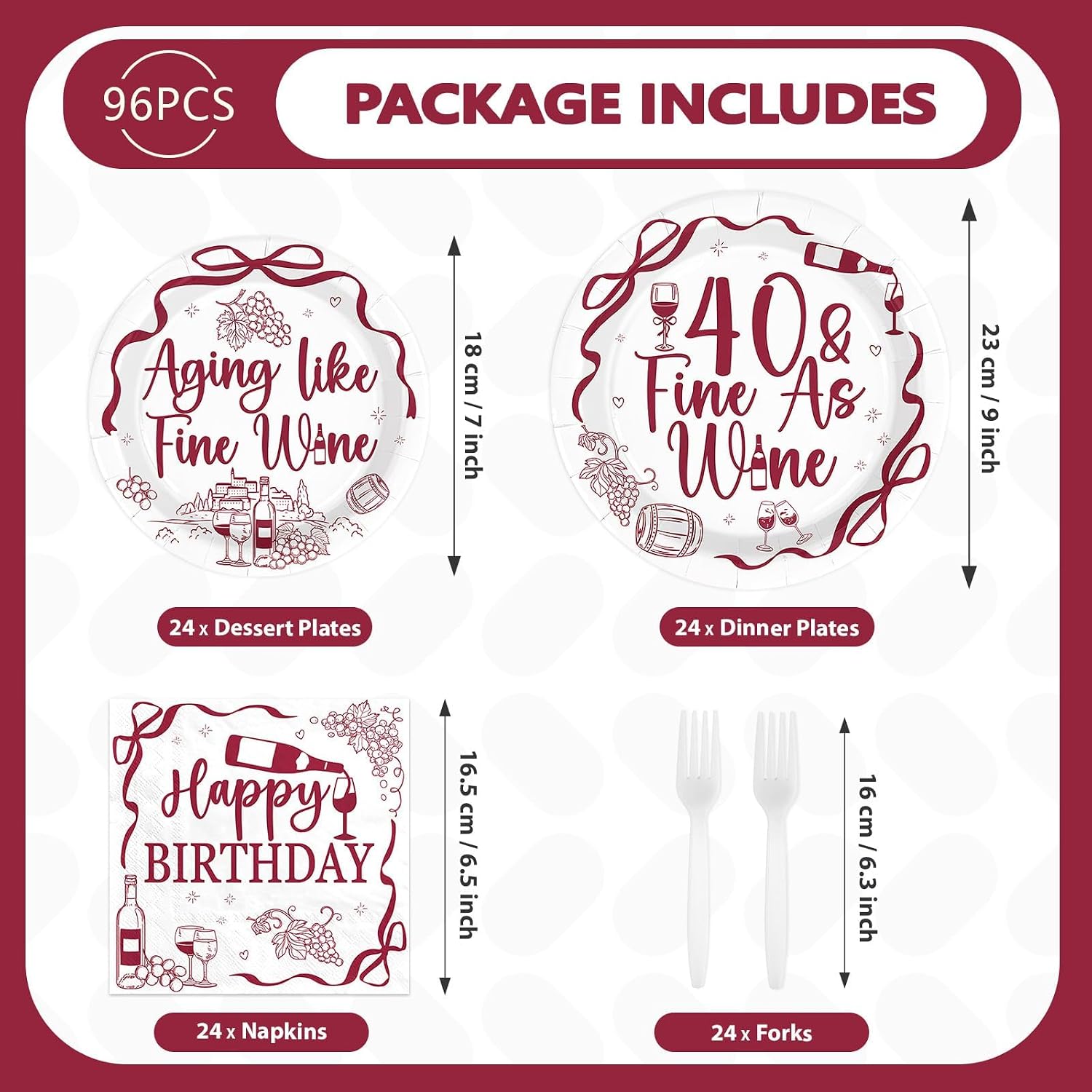 96 Pcs Red Wine 40th Birthday Party Plates and Napkins - Grencian