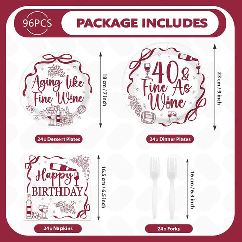 96 Pcs Red Wine 40th Birthday Party Plates and Napkins - Grencian