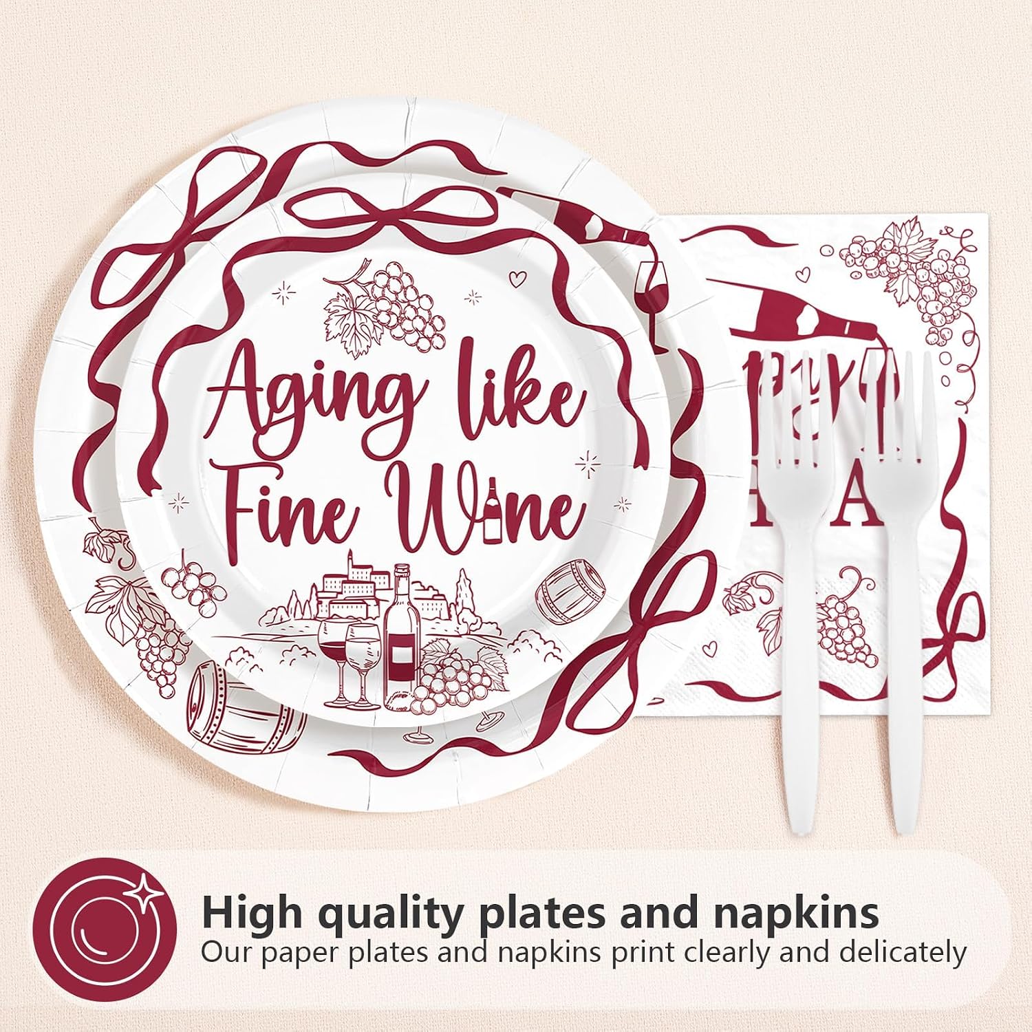 96 Pcs Red Wine 40th Birthday Party Plates and Napkins - Grencian