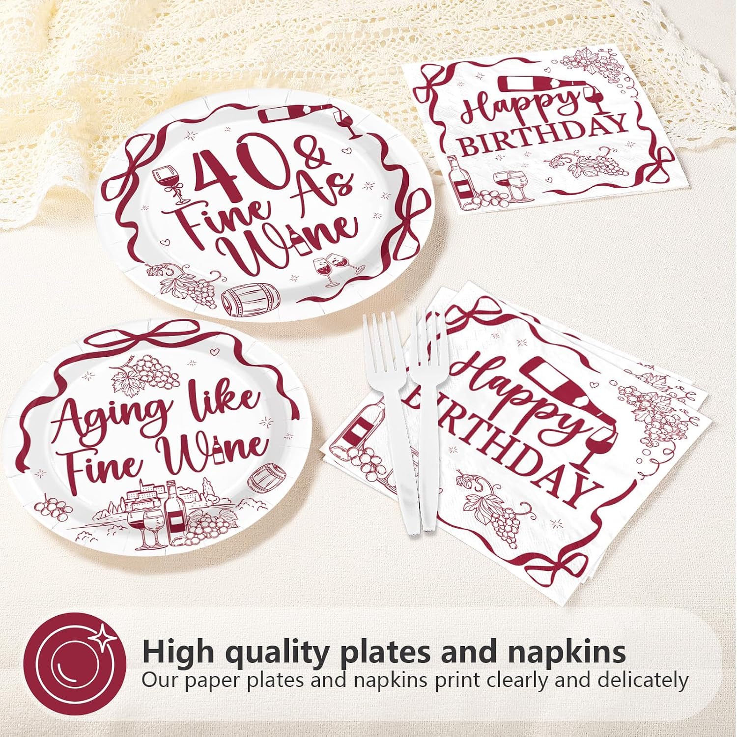 96 Pcs Red Wine 40th Birthday Party Plates and Napkins - Grencian