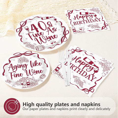 96 Pcs Red Wine 40th Birthday Party Plates and Napkins - Grencian