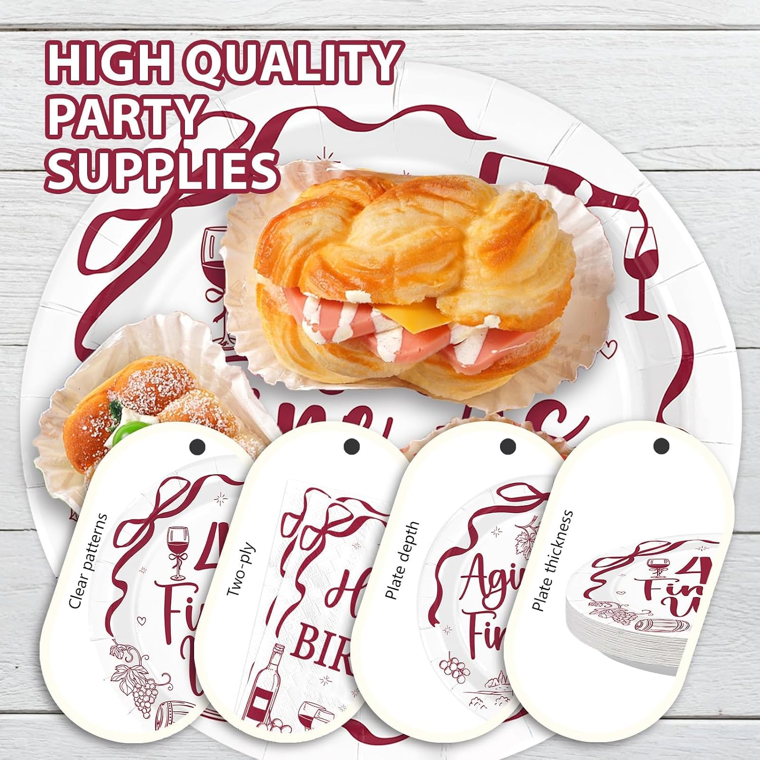 96 Pcs Red Wine 40th Birthday Party Plates and Napkins - Grencian
