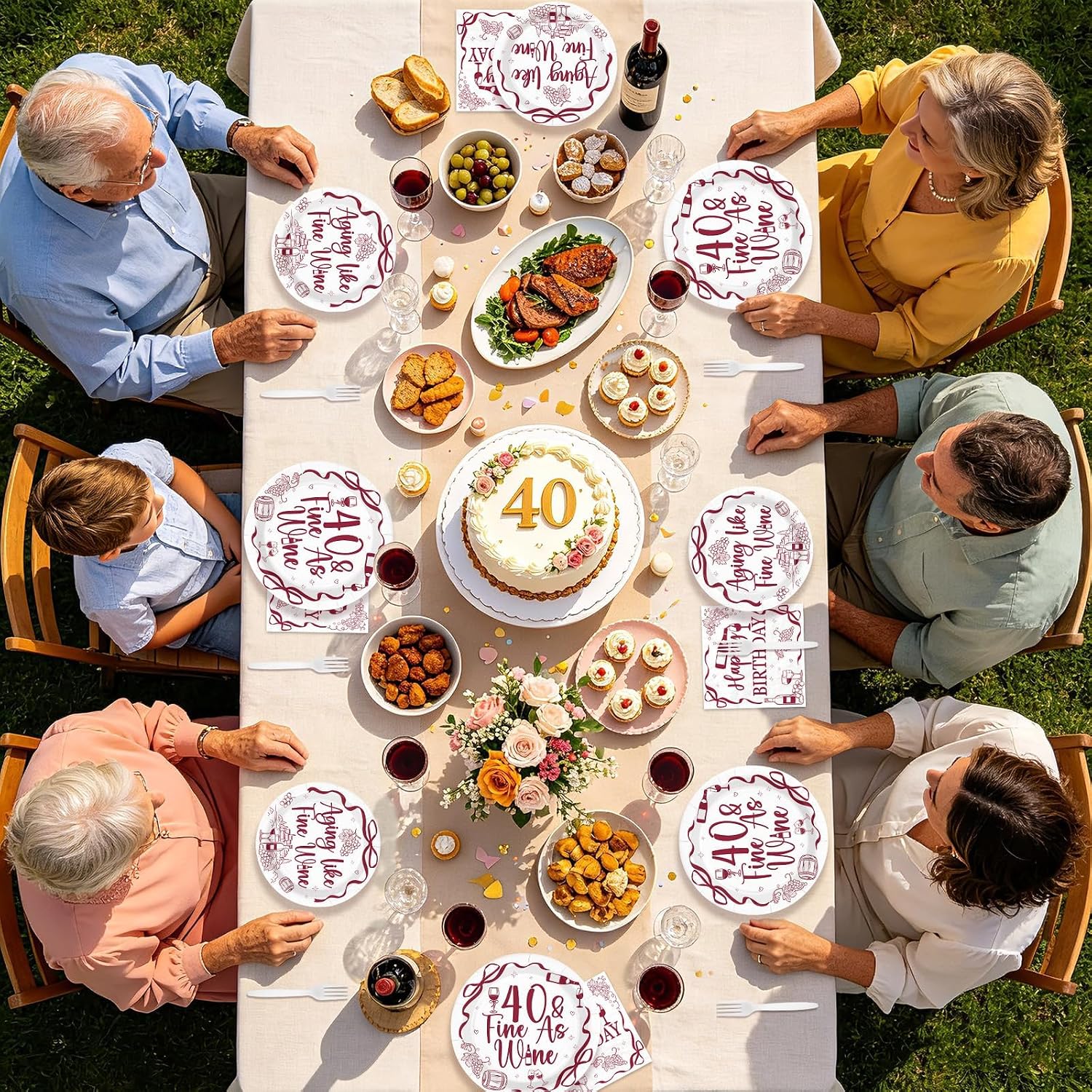 96 Pcs Red Wine 40th Birthday Party Plates and Napkins - Grencian