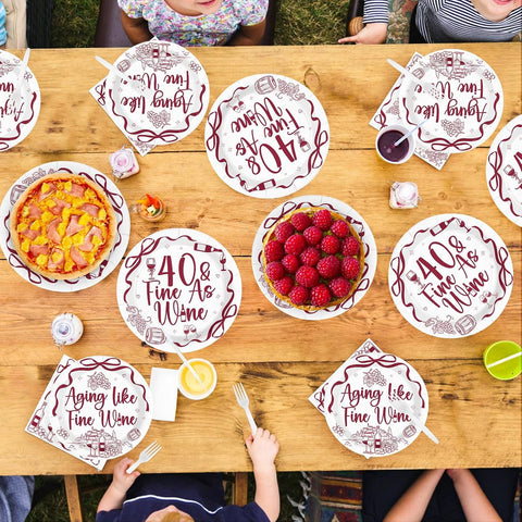 96 Pcs Red Wine 40th Birthday Party Plates and Napkins - Grencian