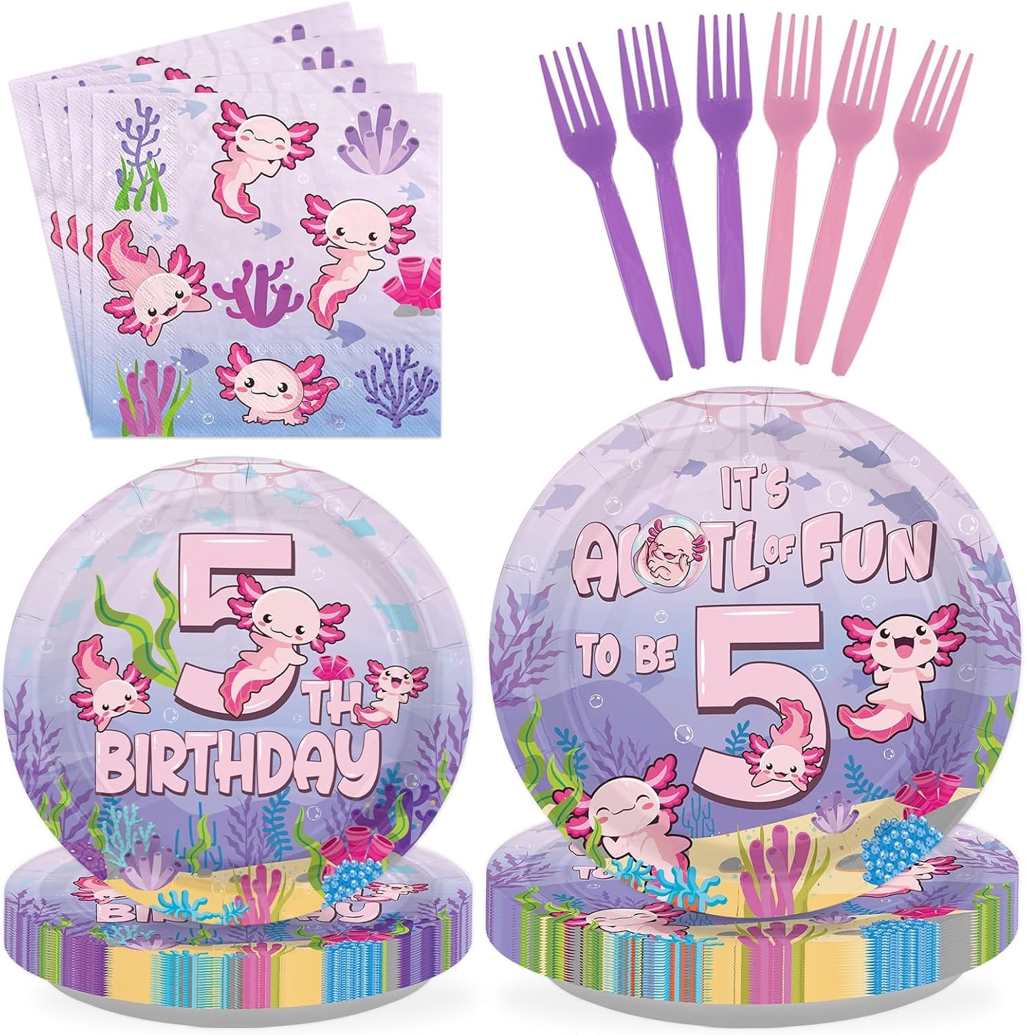 96 Pcs Axolotl 5th Birthday Party Plates and Napkins - Grencian