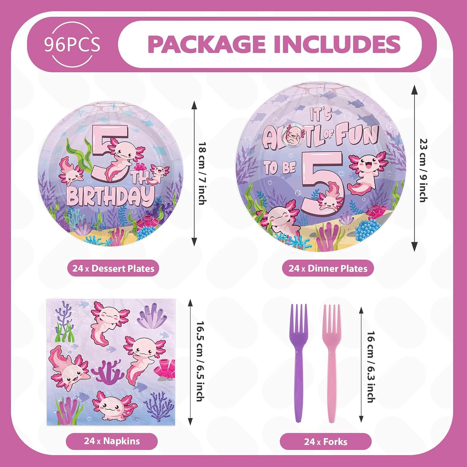 96 Pcs Axolotl 5th Birthday Party Plates and Napkins - Grencian