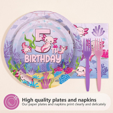 96 Pcs Axolotl 5th Birthday Party Plates and Napkins - Grencian