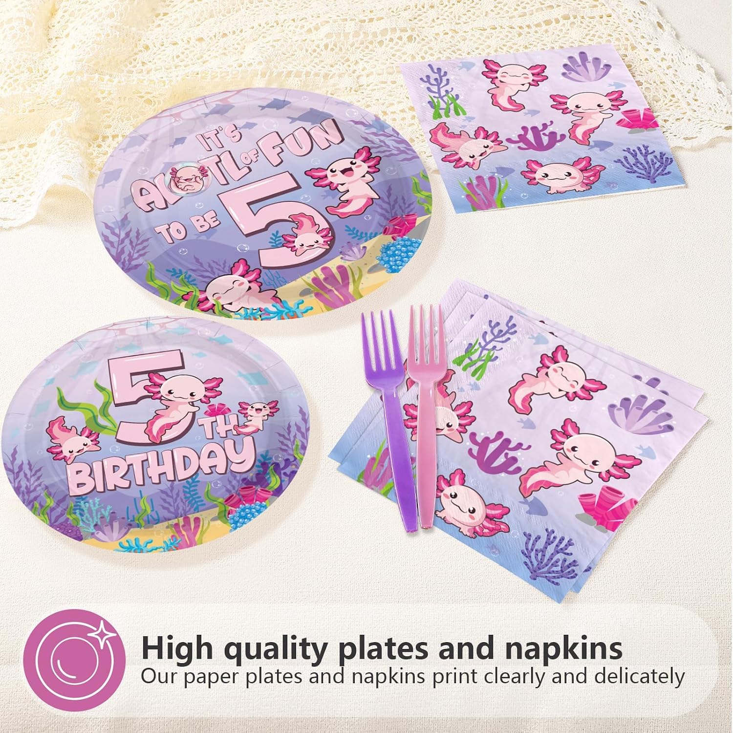 96 Pcs Axolotl 5th Birthday Party Plates and Napkins - Grencian