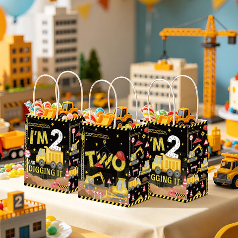 16Pcs Construction 2nd Birthday Party Favor Bags Dump Truck Goodie Bags - Grencian