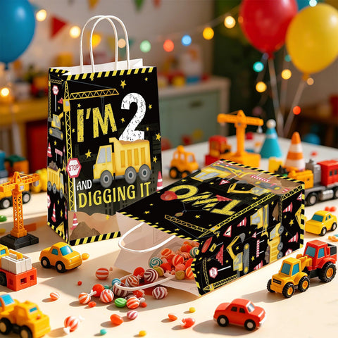 16Pcs Construction 2nd Birthday Party Favor Bags Dump Truck Goodie Bags - Grencian