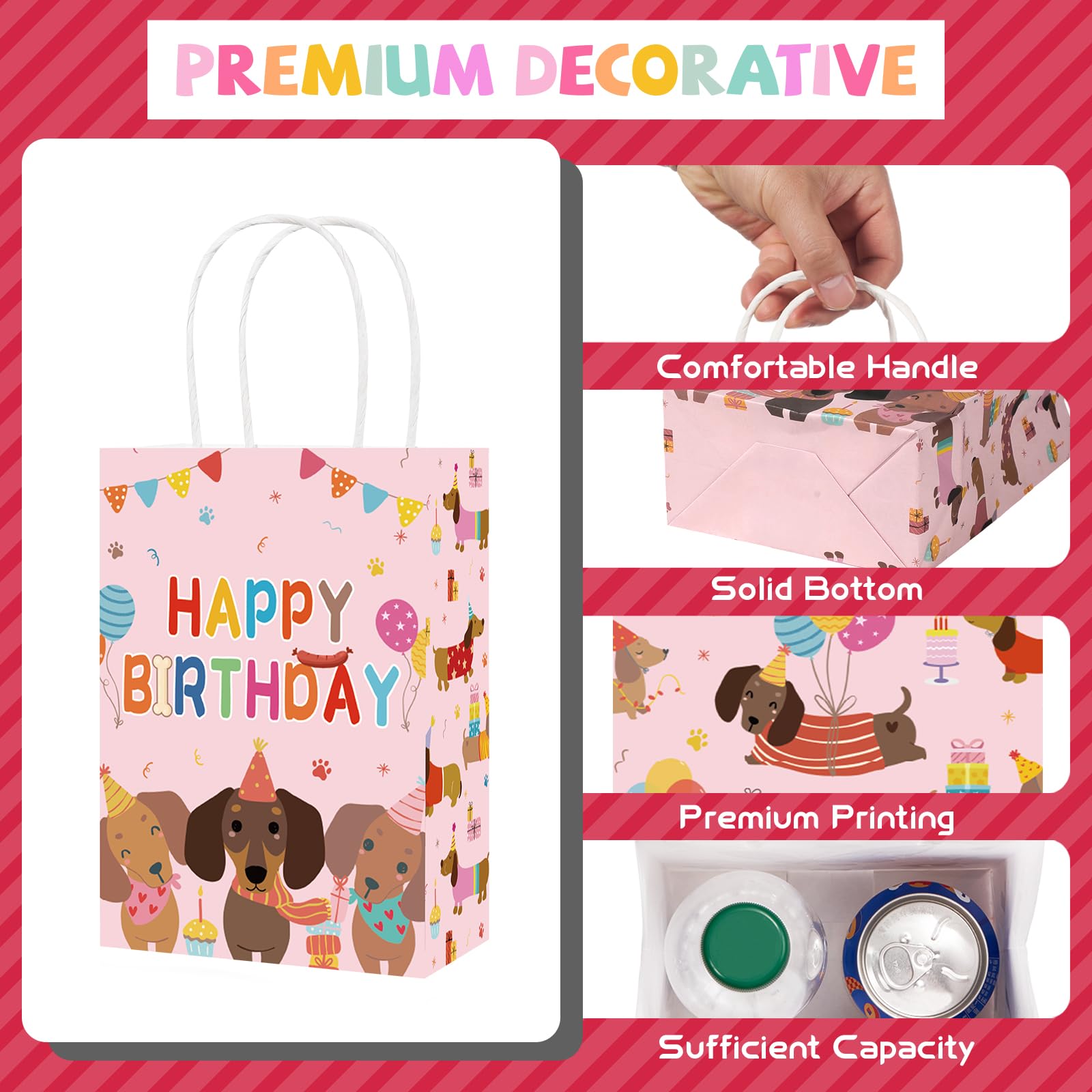 16Pcs Dachshund Dog Birthday Party Bags Pink Wiener Dog Puppy Goodie Bags - Grencian