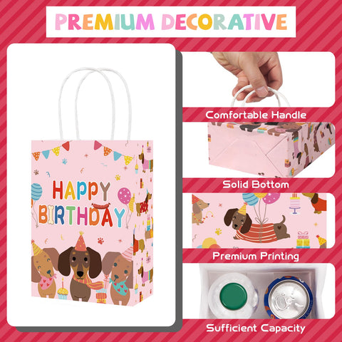 16Pcs Dachshund Dog Birthday Party Bags Pink Wiener Dog Puppy Goodie Bags - Grencian
