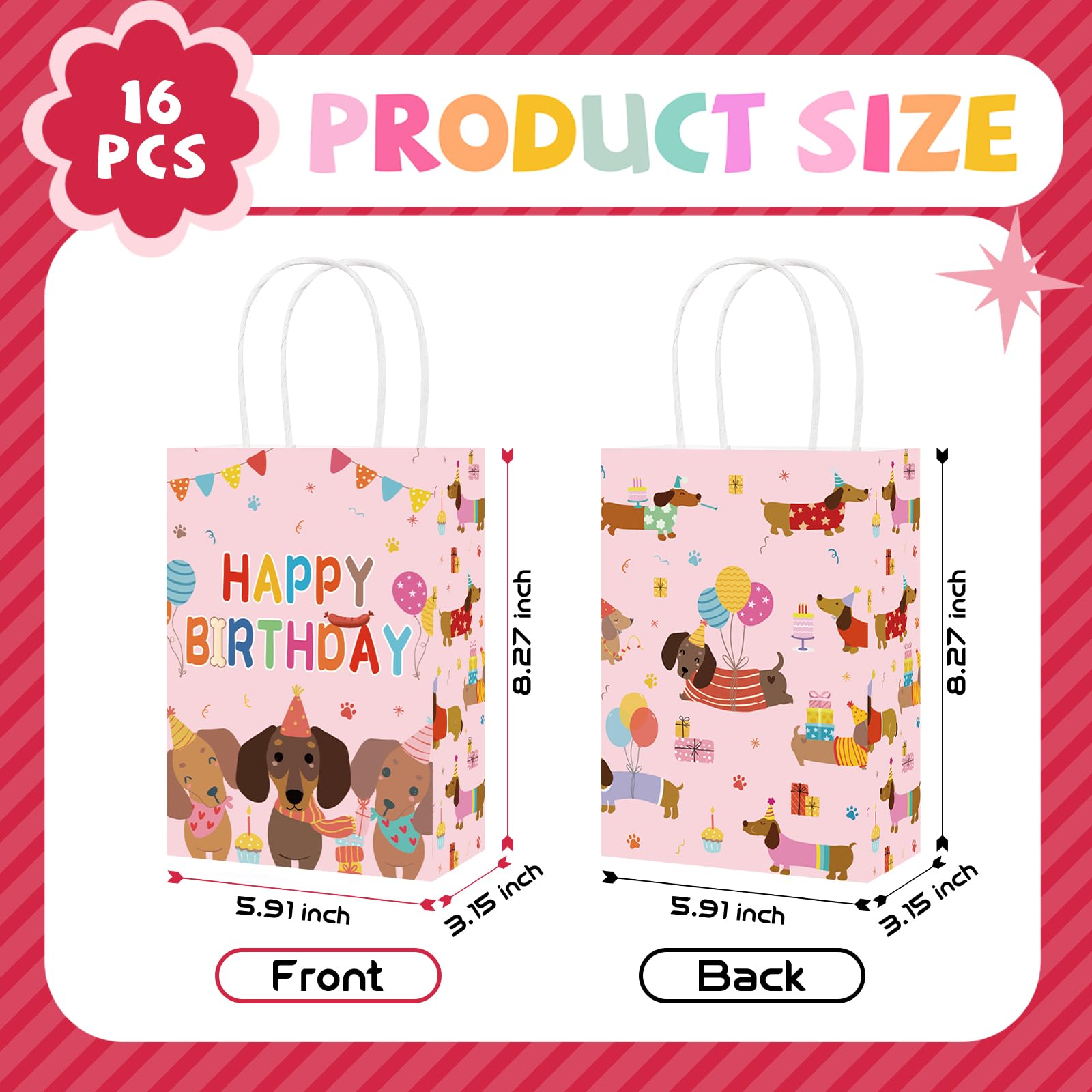 16Pcs Dachshund Dog Birthday Party Bags Pink Wiener Dog Puppy Goodie Bags - Grencian