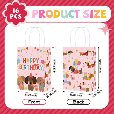 16Pcs Dachshund Dog Birthday Party Bags Pink Wiener Dog Puppy Goodie Bags - Grencian