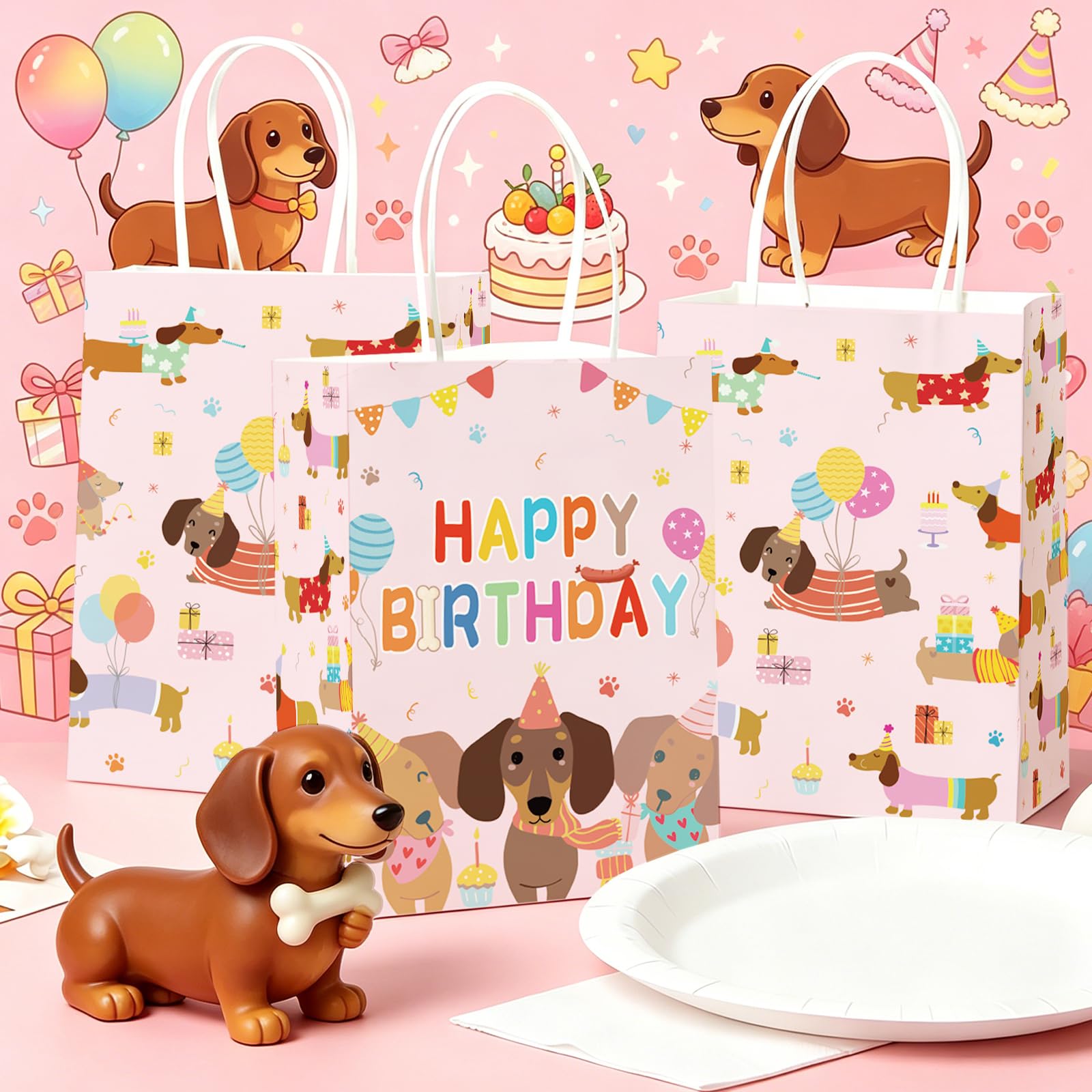 16Pcs Dachshund Dog Birthday Party Bags Pink Wiener Dog Puppy Goodie Bags - Grencian