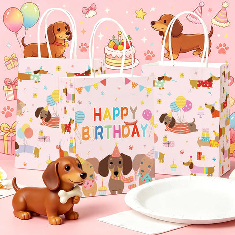16Pcs Dachshund Dog Birthday Party Bags Pink Wiener Dog Puppy Goodie Bags - Grencian