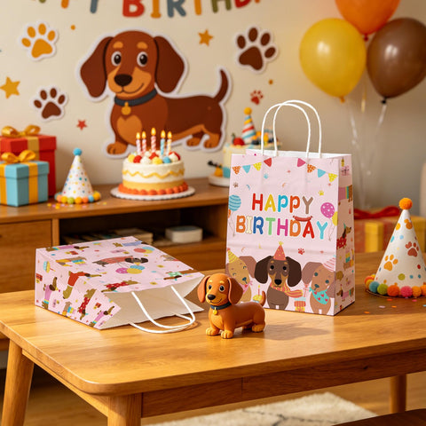 16Pcs Dachshund Dog Birthday Party Bags Pink Wiener Dog Puppy Goodie Bags - Grencian