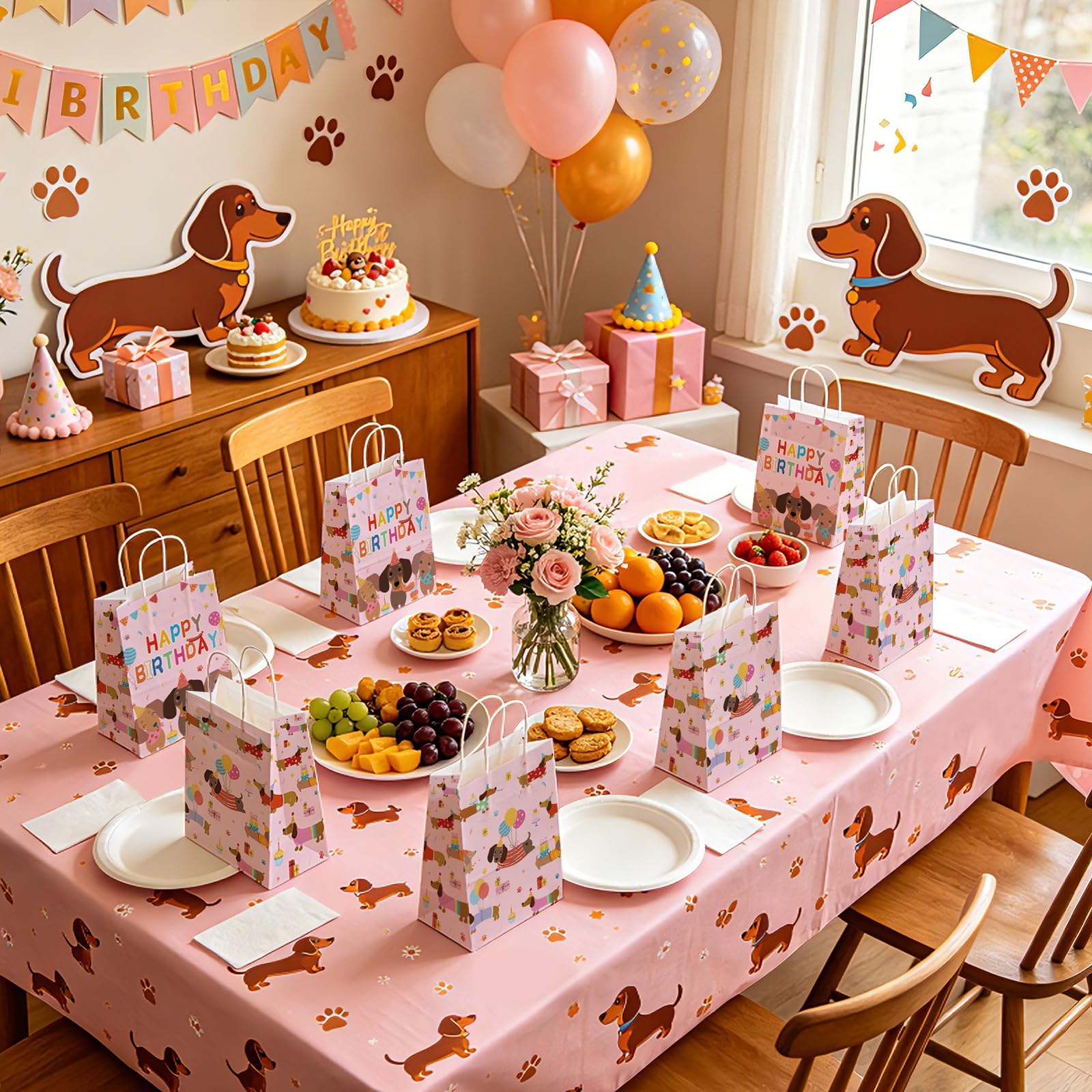 16Pcs Dachshund Dog Birthday Party Bags Pink Wiener Dog Puppy Goodie Bags - Grencian