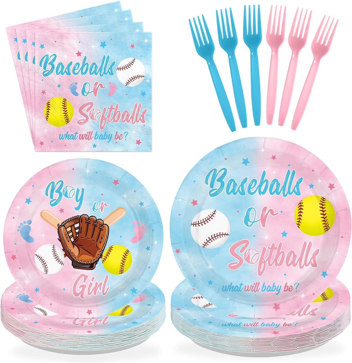 Baseball Gender Reveal Plates & Napkins Set - 96 Pcs image 1