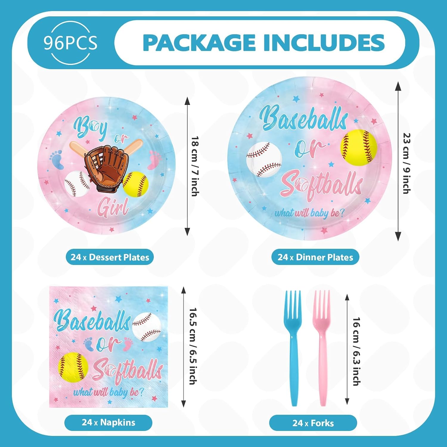 Baseball Gender Reveal Plates & Napkins Set - 96 Pcs image 2