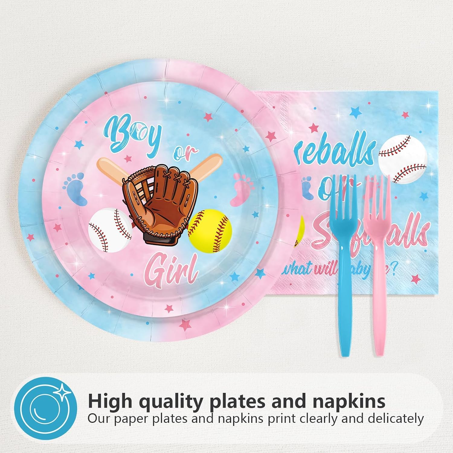 Baseball Gender Reveal Plates & Napkins Set - 96 Pcs image 3