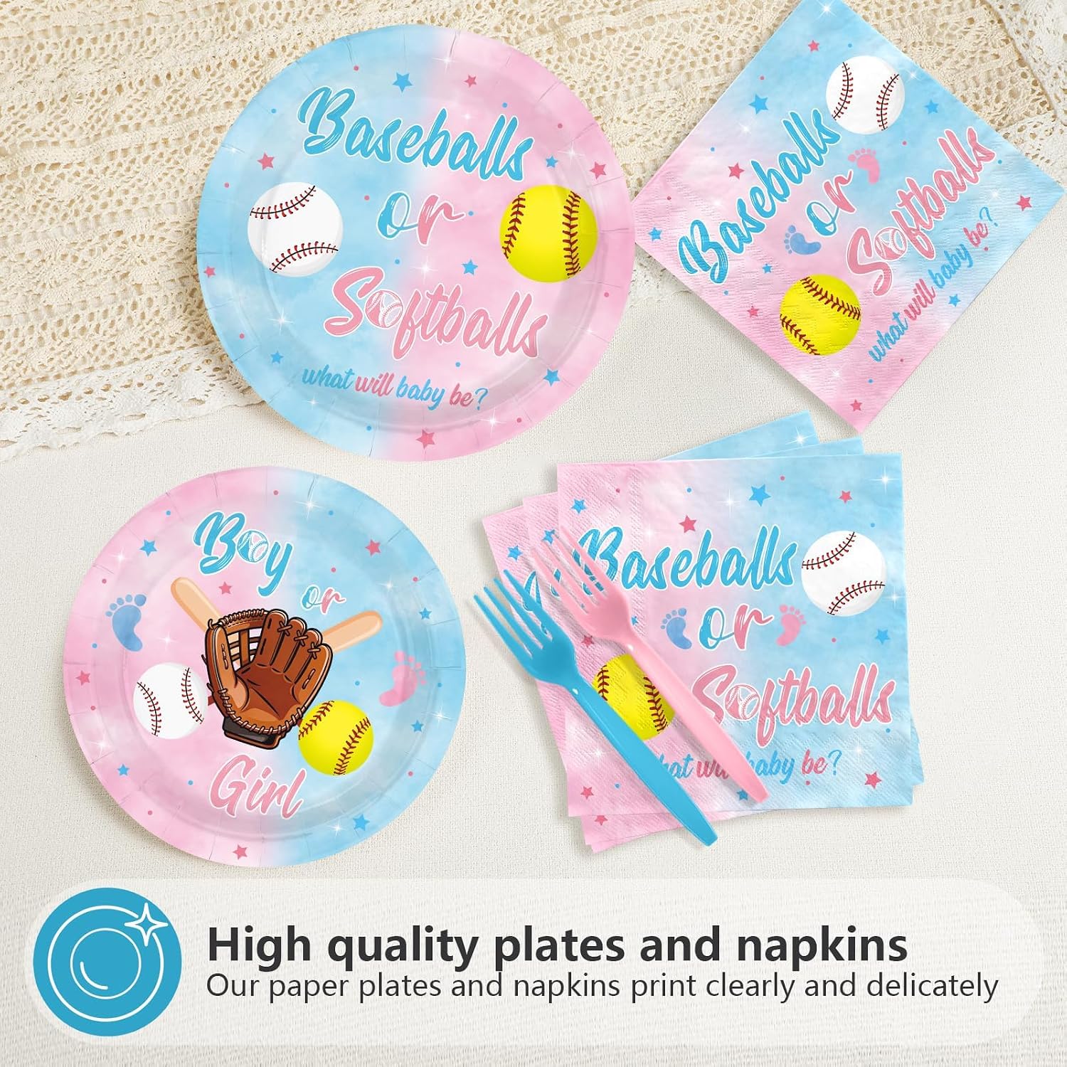 Baseball Gender Reveal Plates & Napkins Set - 96 Pcs image 4