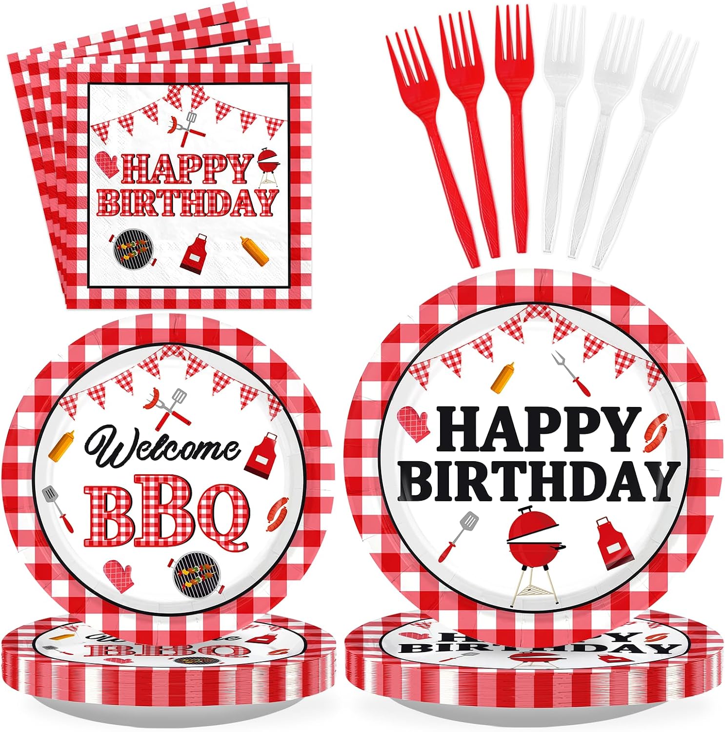 BBQ Red Gingham Birthday Plates & Napkins Set - 96 Pcs image 1