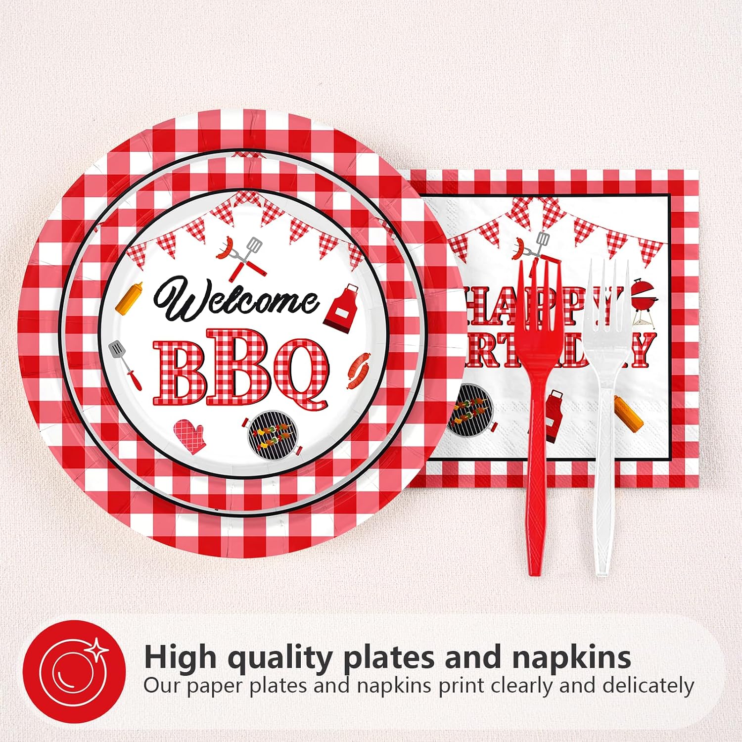 BBQ Red Gingham Birthday Plates & Napkins Set - 96 Pcs image 2