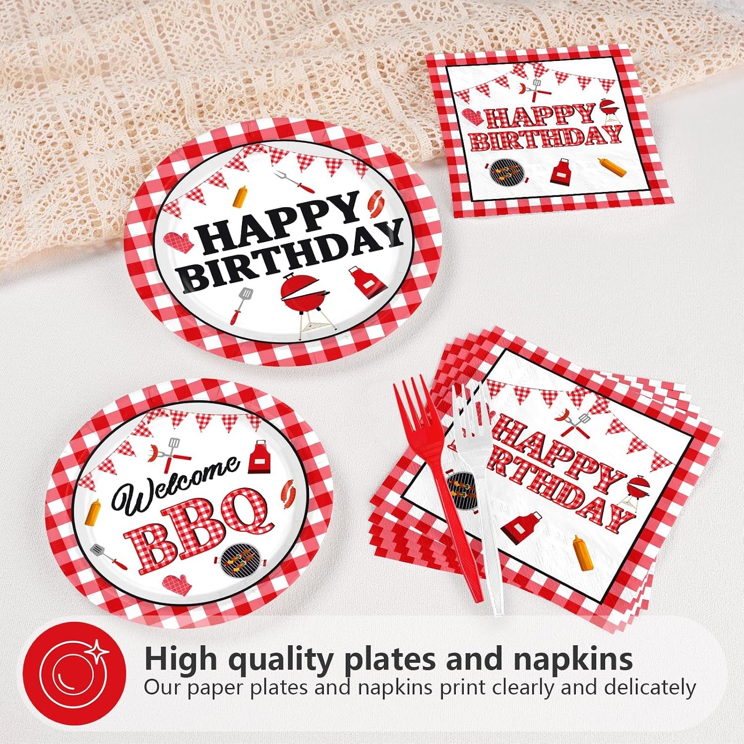 BBQ Red Gingham Birthday Plates & Napkins Set - 96 Pcs image 3