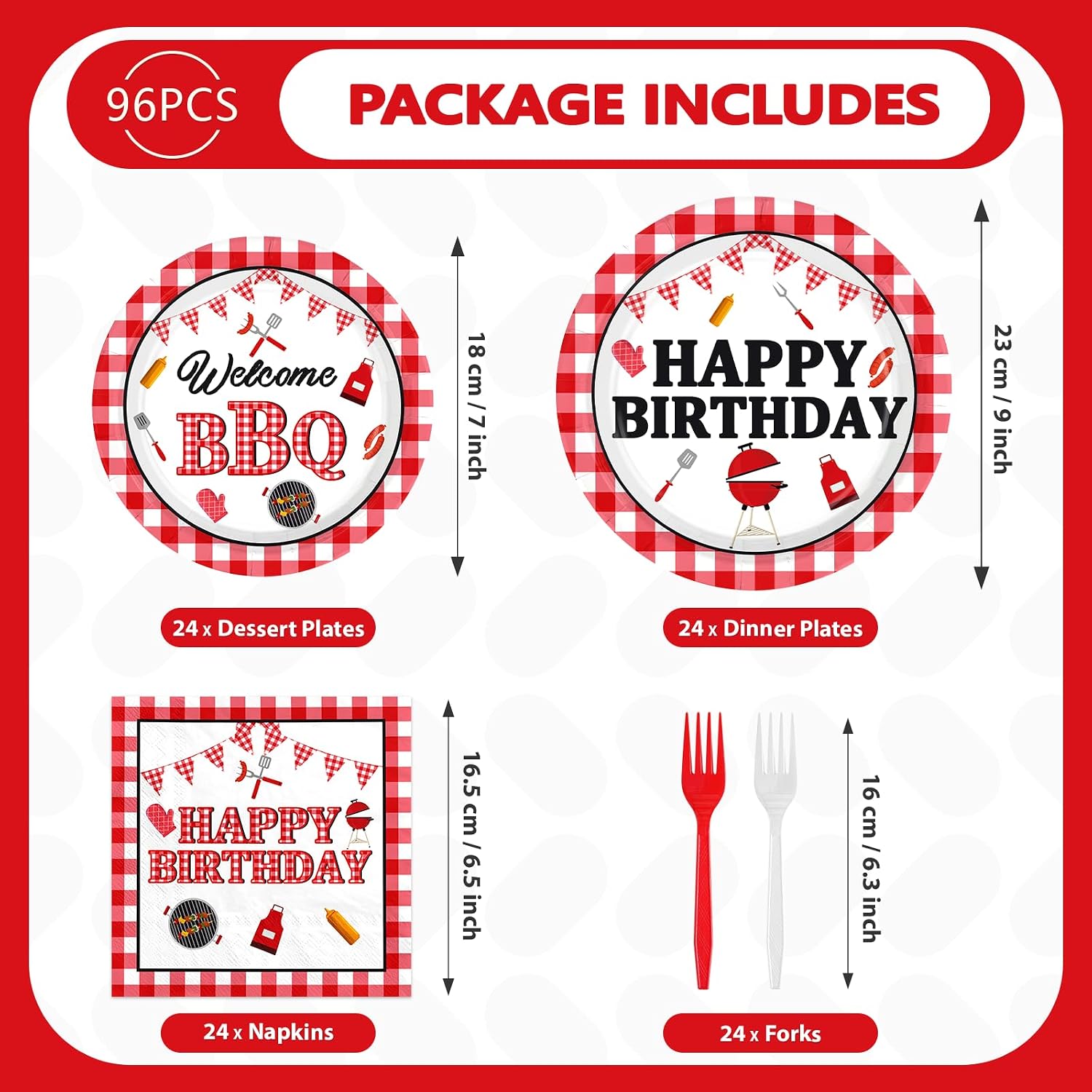 BBQ Red Gingham Birthday Plates & Napkins Set - 96 Pcs image 5