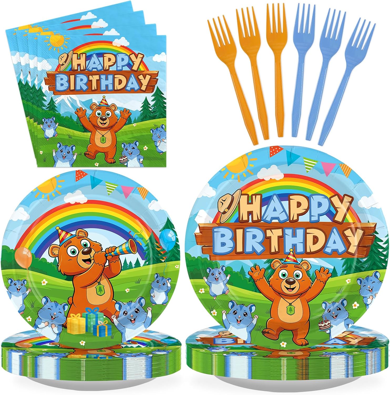 96 Pcs Bear Lemmings Birthday Party Plates and Napkins - Grencian