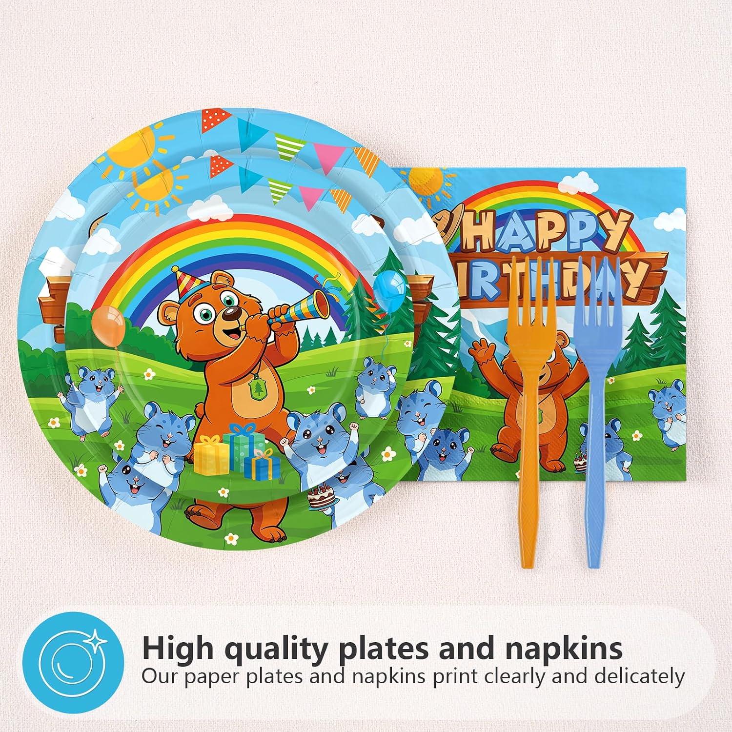 96 Pcs Bear Lemmings Birthday Party Plates and Napkins - Grencian