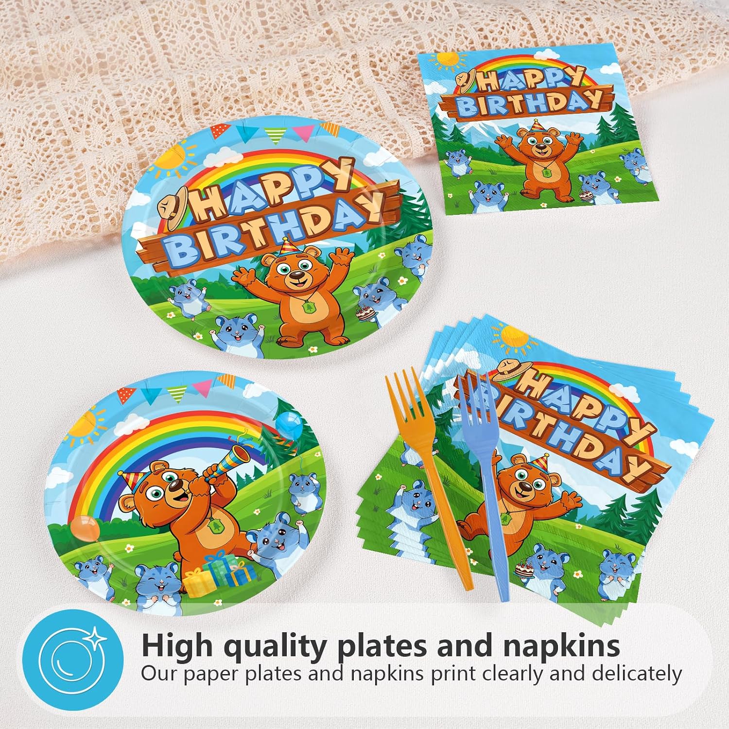 96 Pcs Bear Lemmings Birthday Party Plates and Napkins - Grencian