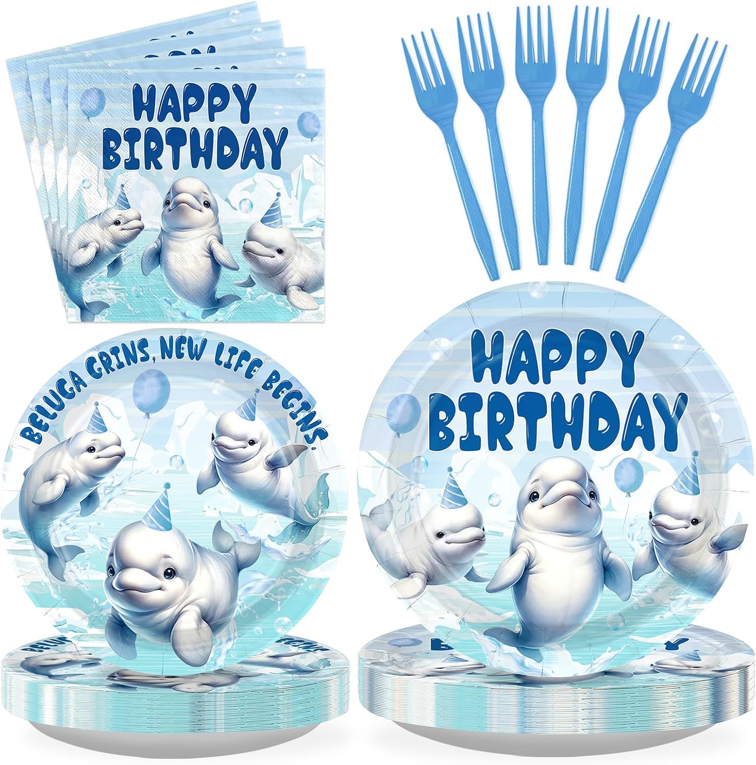 96 Pcs Beluga Whale Birthday Party Plates and Napkins - Grencian