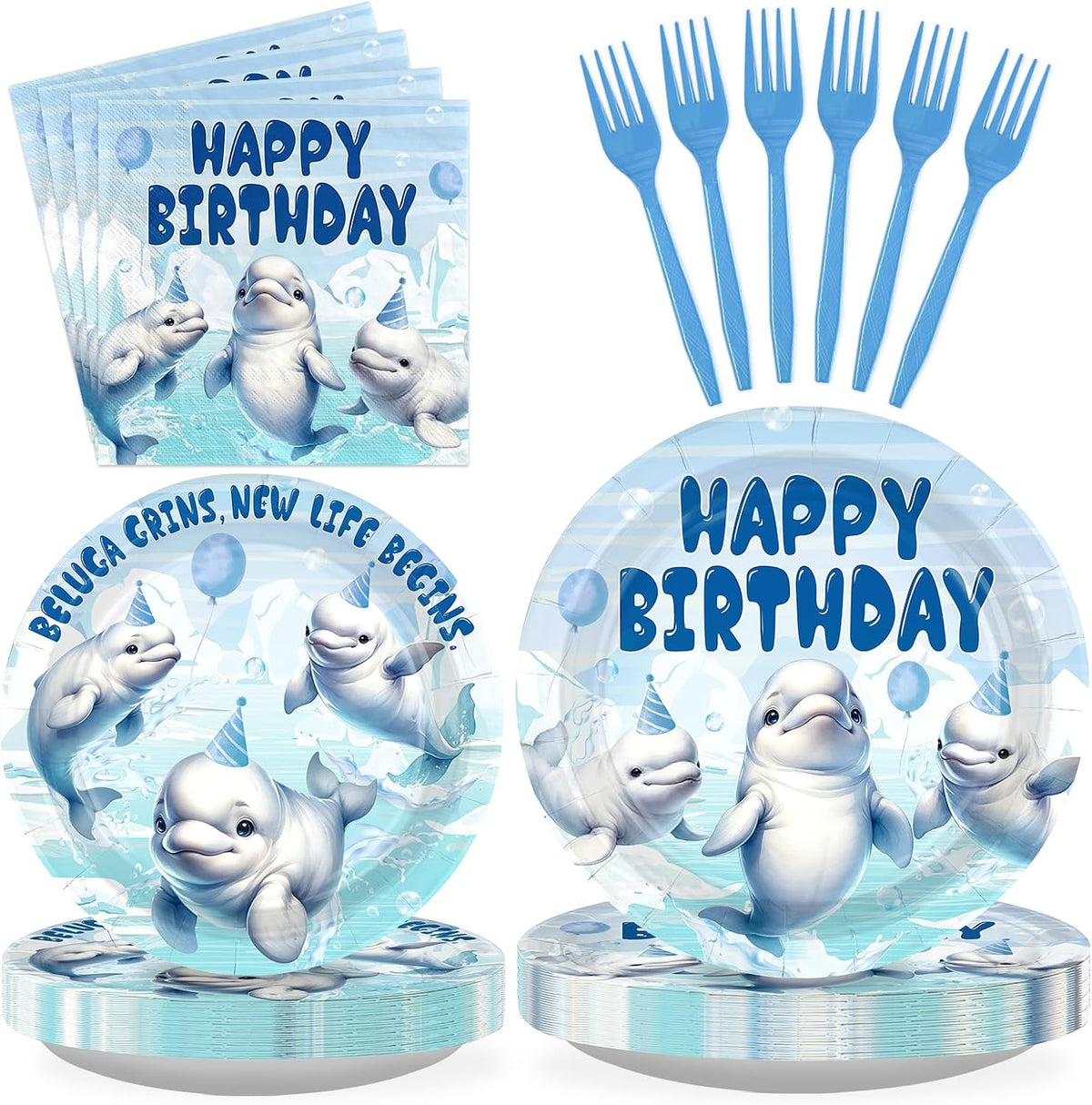 96 Pcs Beluga Whale Birthday Party Plates and Napkins - Grencian