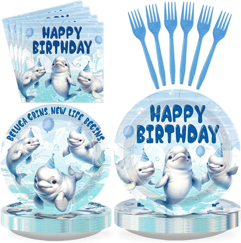 96 Pcs Beluga Whale Birthday Party Plates and Napkins - Grencian