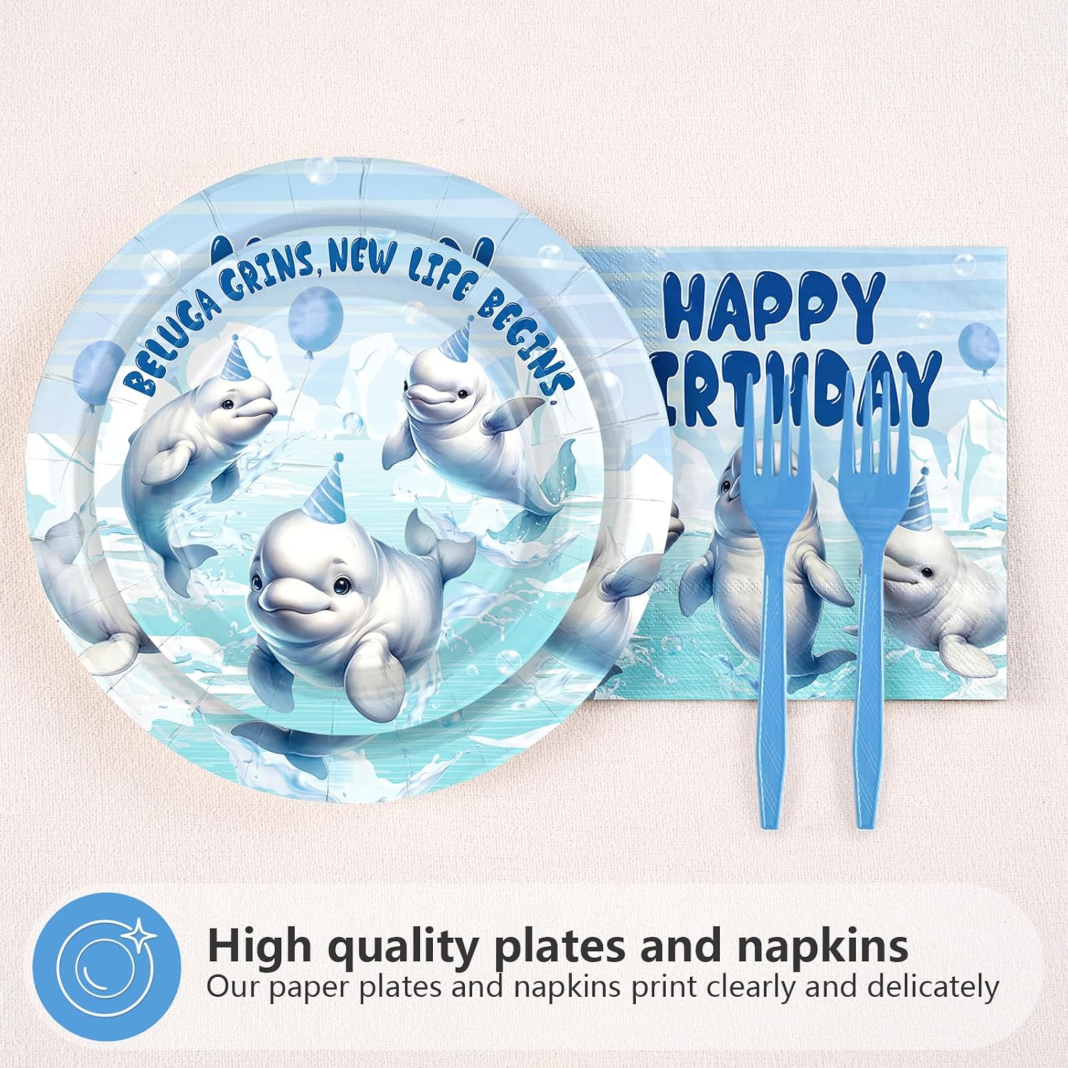 96 Pcs Beluga Whale Birthday Party Plates and Napkins - Grencian