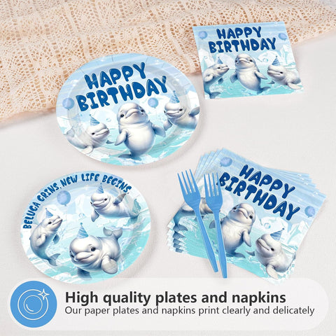 96 Pcs Beluga Whale Birthday Party Plates and Napkins - Grencian
