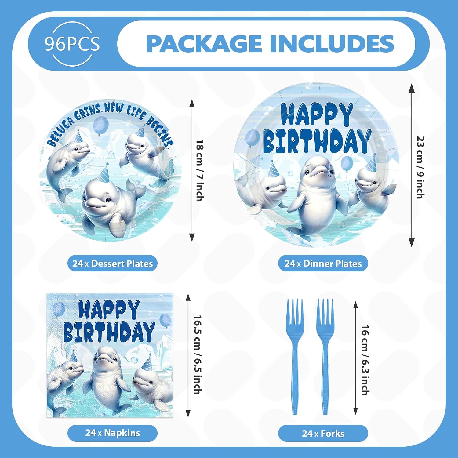 96 Pcs Beluga Whale Birthday Party Plates and Napkins - Grencian