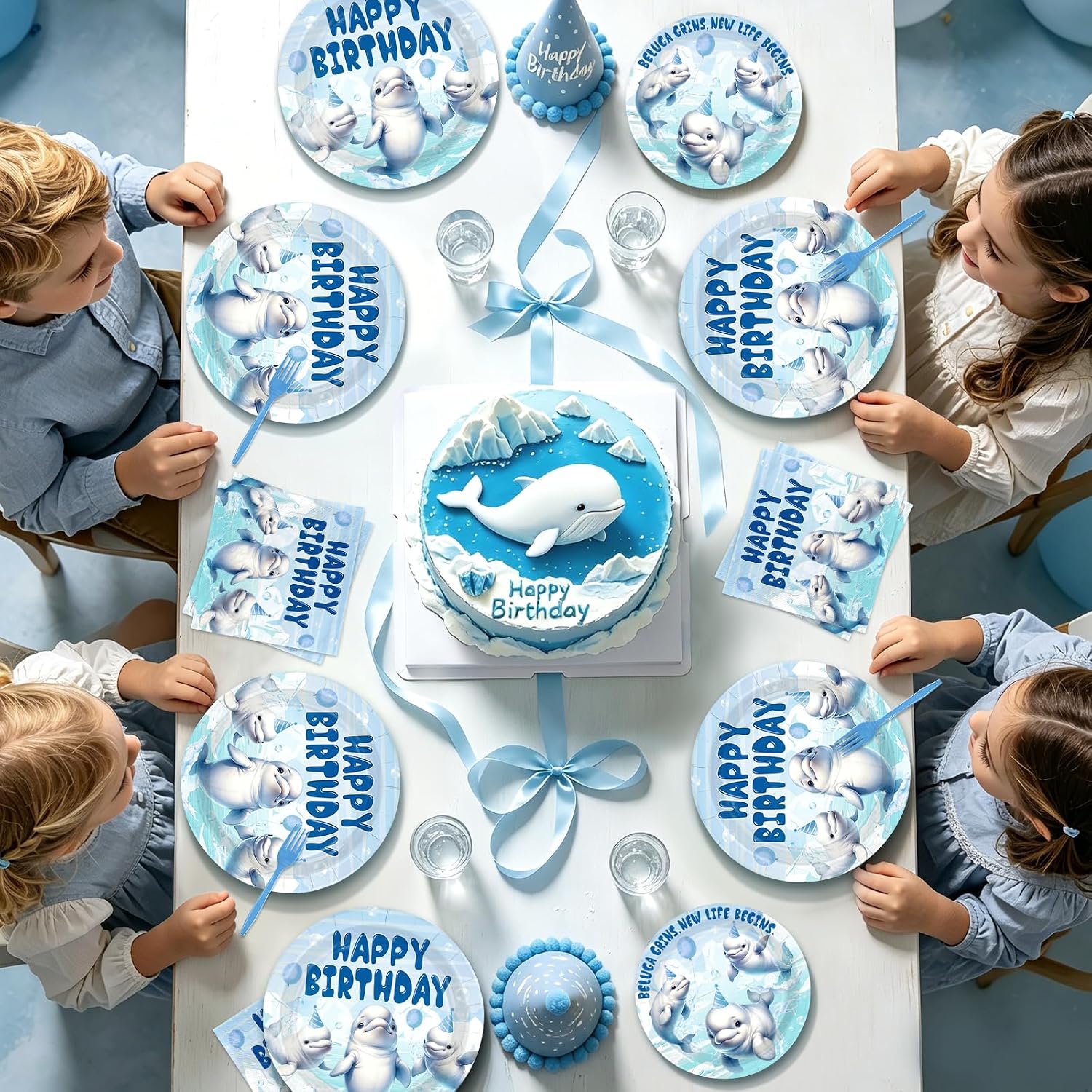 96 Pcs Beluga Whale Birthday Party Plates and Napkins - Grencian